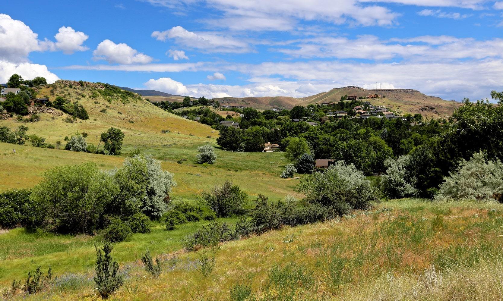 Rolling green hills of Northeast Boise with real estate in the background